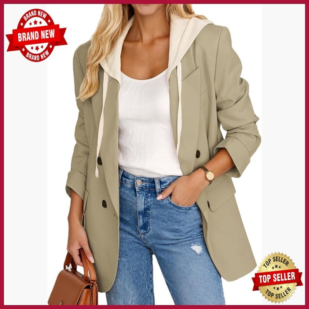 Oversized Hooded Blazer Jacket, Double-Breasted, Work Office Casual, Polyester